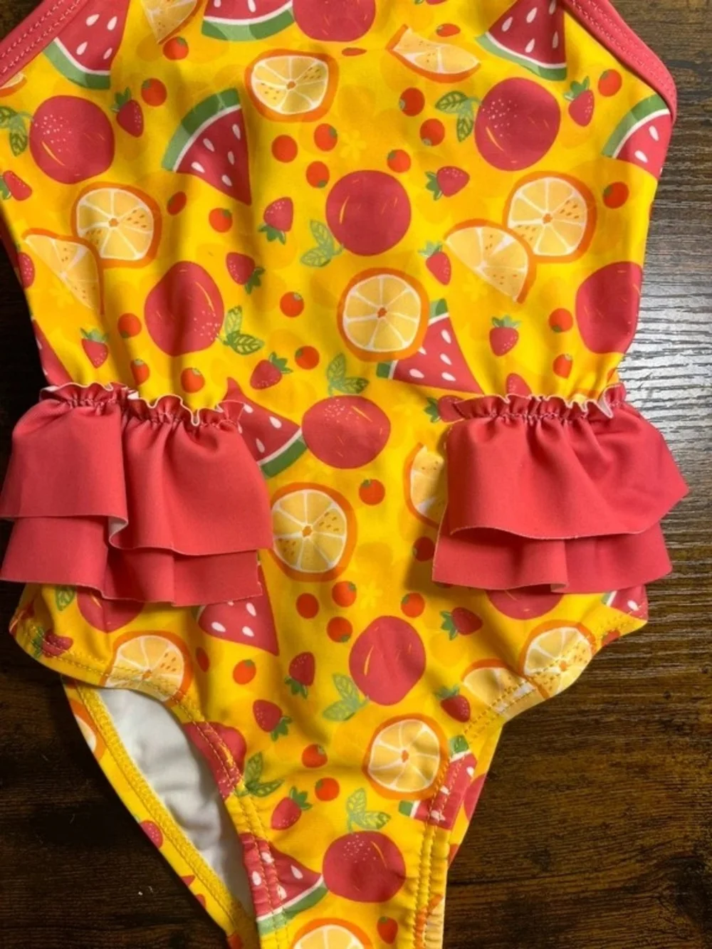 Girls' Yellow Fruit Print One-Piece Swimsuit with Coral Ruffles